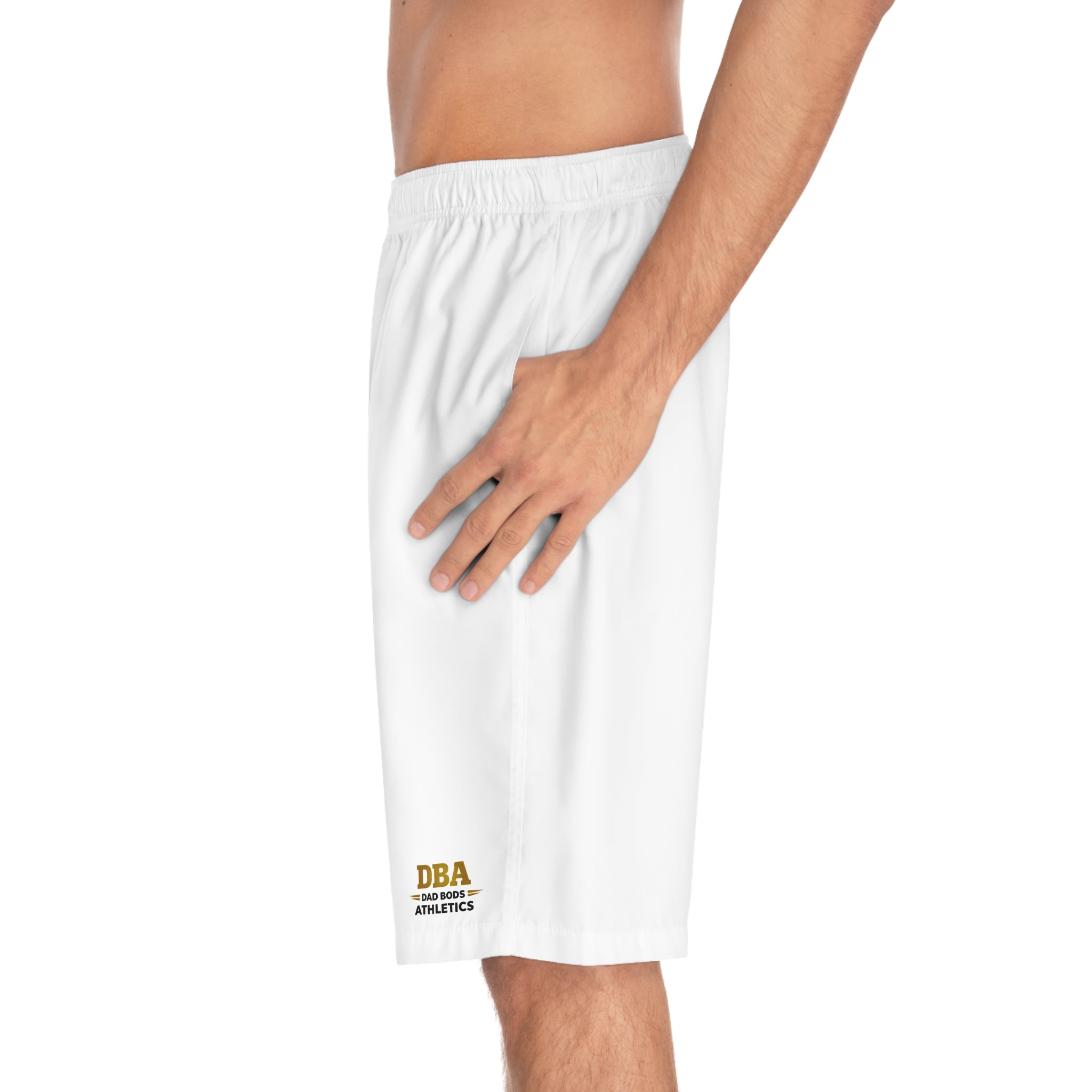 DBA gold and black text (left leg ) Men's Board Shorts (AOP)