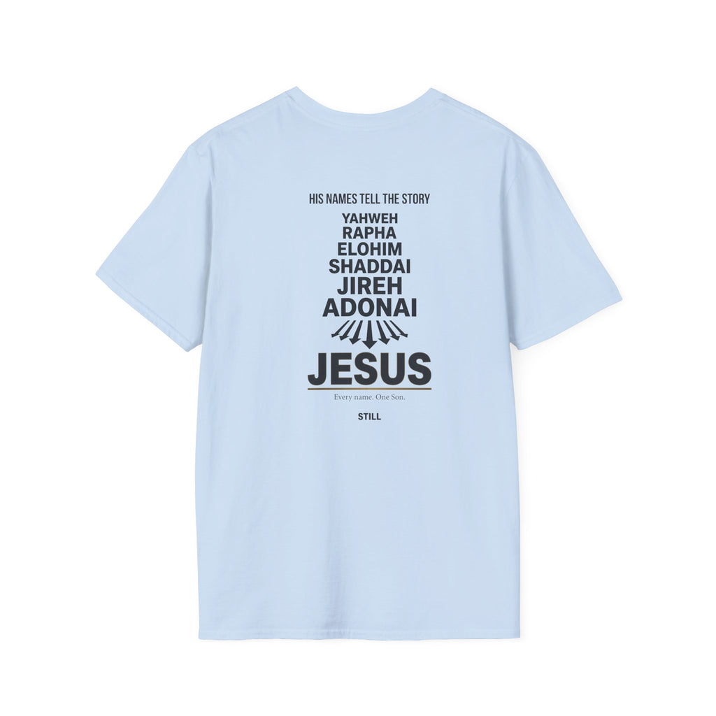 Jesus Names T-Shirt — 'His Names Tell the Story' Christian Faith Tee