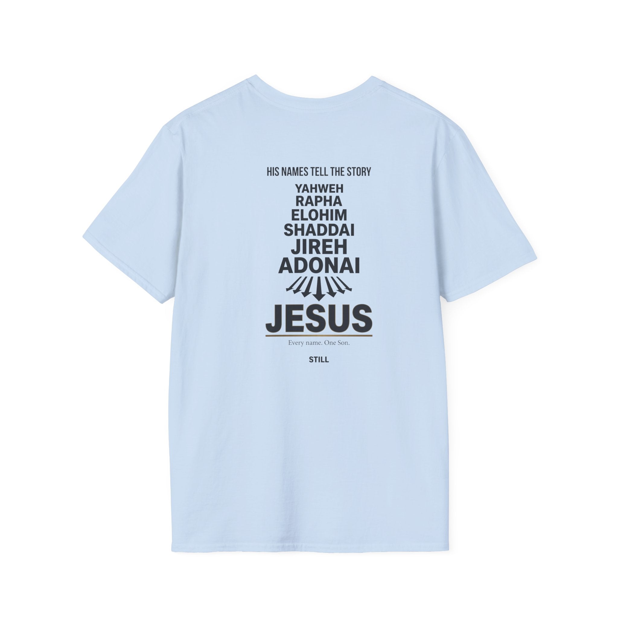 Jesus Names T-Shirt — 'His Names Tell the Story' Christian Faith Tee